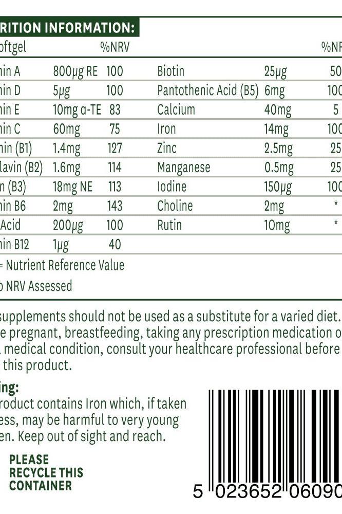 Nutrition information for Natures Aid Multi-Vitamins & Minerals softgels, highlighting vitamins and minerals included.