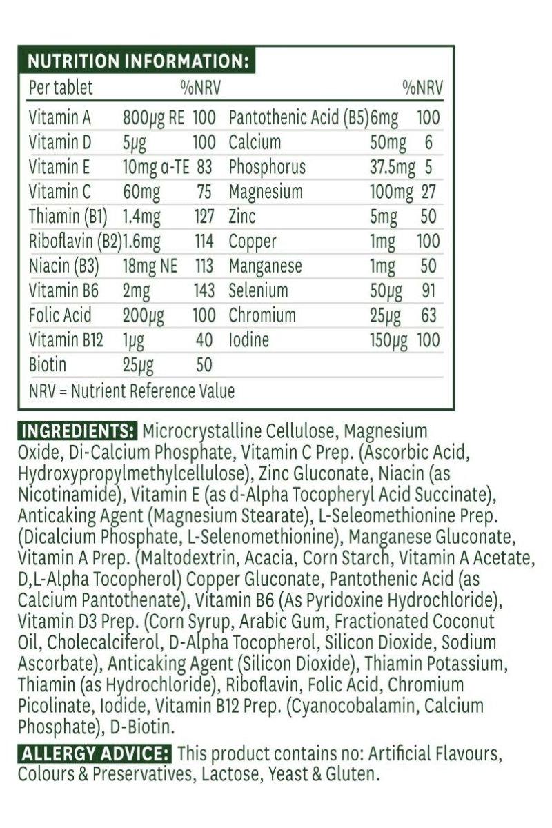 Nutrition facts for Natures Aid Multi-Vitamins & Minerals tablet, highlighting vitamins and minerals content.