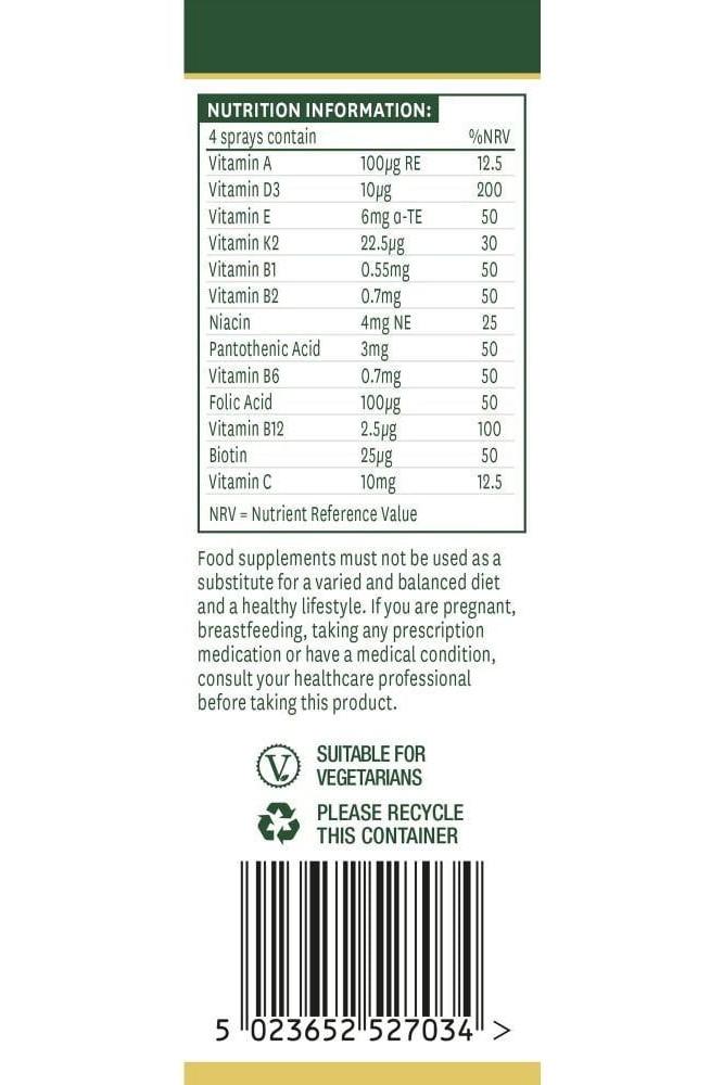 Nutrition information for Natures Aid Multivitamin Daily Oral Spray, detailing vitamins and minerals in 4 sprays.