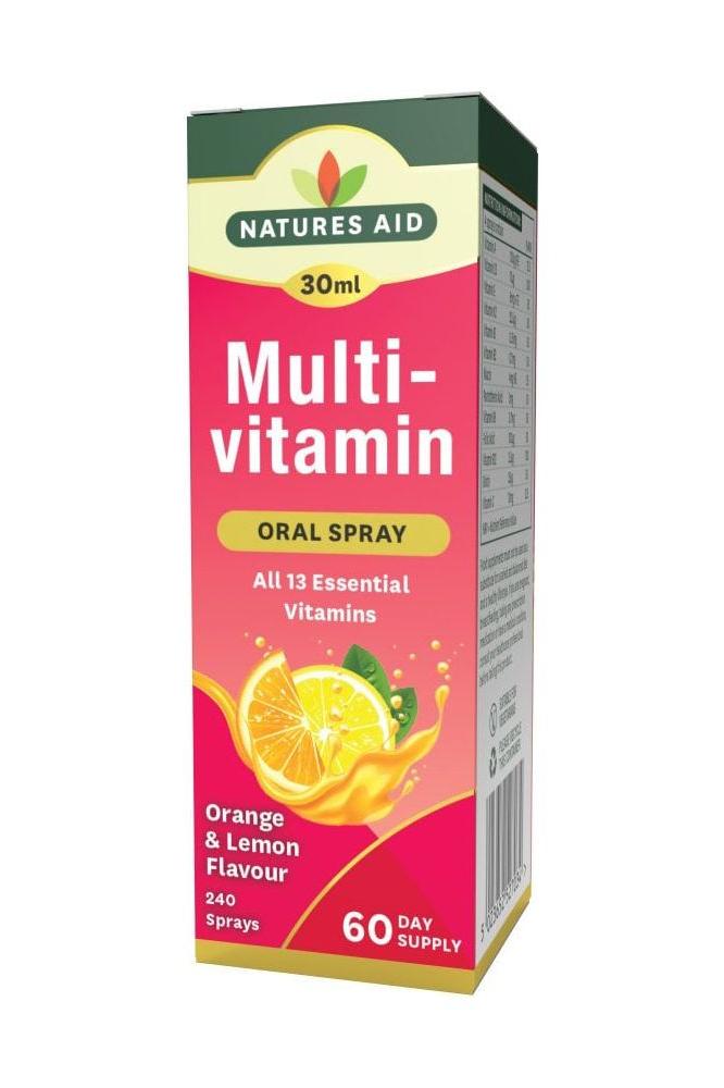 Natures Aid Multivitamin Oral Spray 30ml in orange and lemon flavor, offering 240 sprays for 60 days supply.
