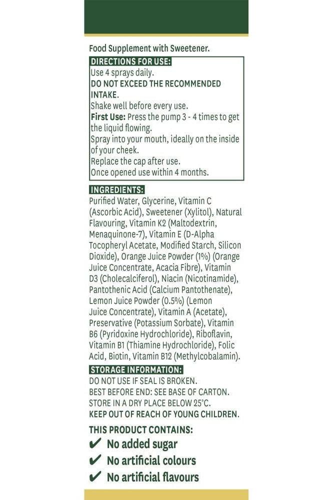 Instructions and ingredients for Natures Aid Multivitamin Daily Oral Spray in lemon and orange flavor.