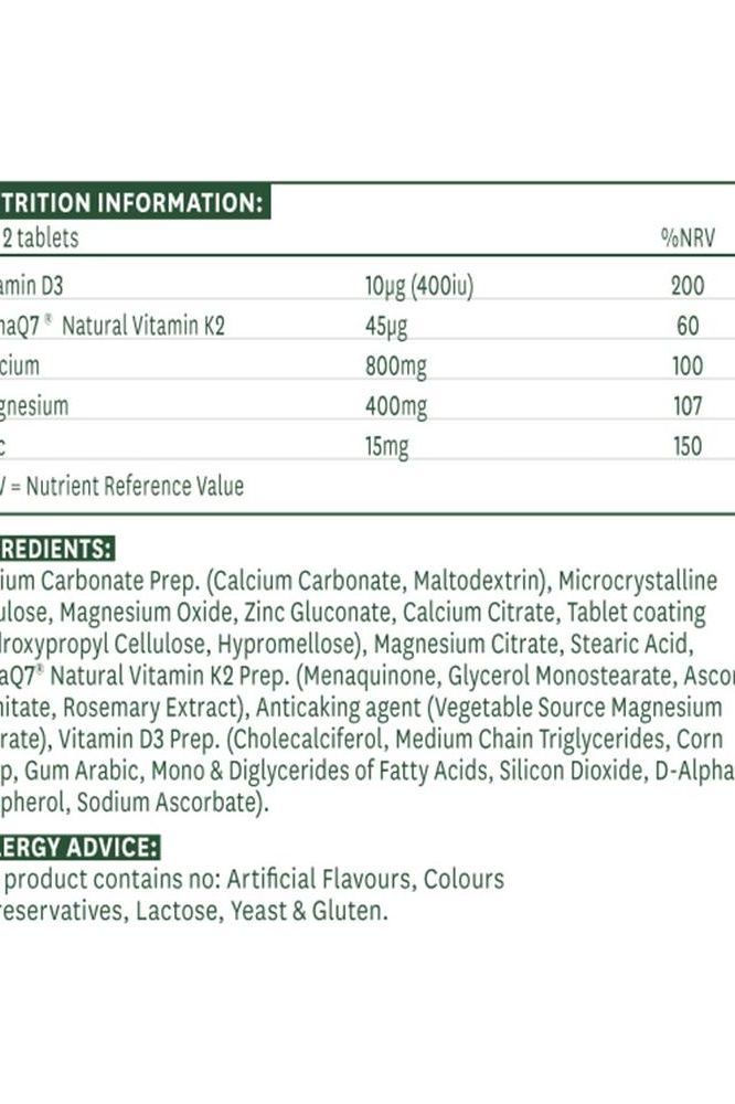 Nutrition information for Natures Aid Osteo Advance showing vitamins and minerals for bone health.