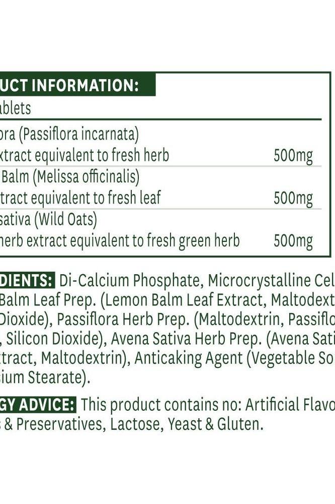 Supplement facts for Natures Aid Passiflora Complex containing Passiflora, Lemon Balm, and Avena Sativa.