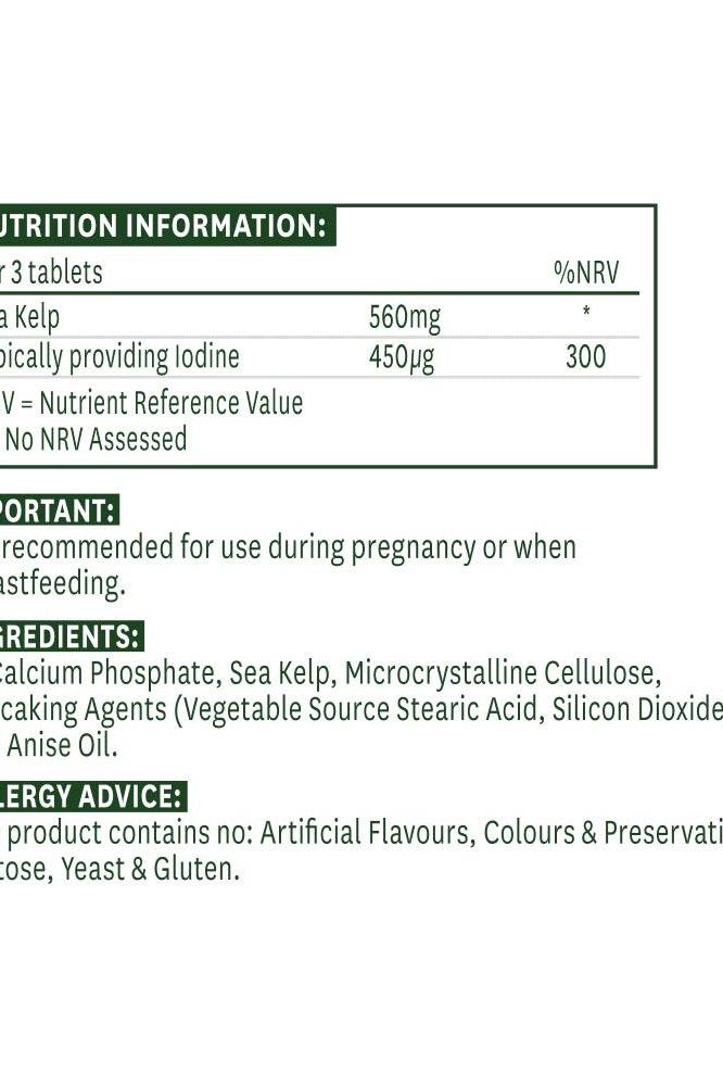 Nutritional information for Natures Aid Sea Kelp tablets, highlighting iodine content and ingredients.