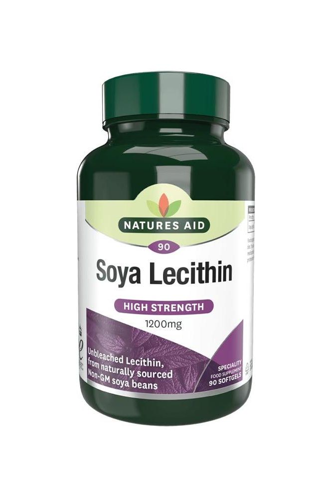 Natures Aid Soya Lecithin 1200 mg supplement bottle with 90 softgels for health benefits and emulsification.