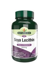Natures Aid Soya Lecithin 1200 mg supplement bottle with 90 softgels for health benefits and emulsification.
