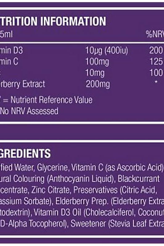 Nutrition information and ingredients list for Natures Aid Super Stars Immune Support liquid, showcasing vitamins and blackcurrant extract.