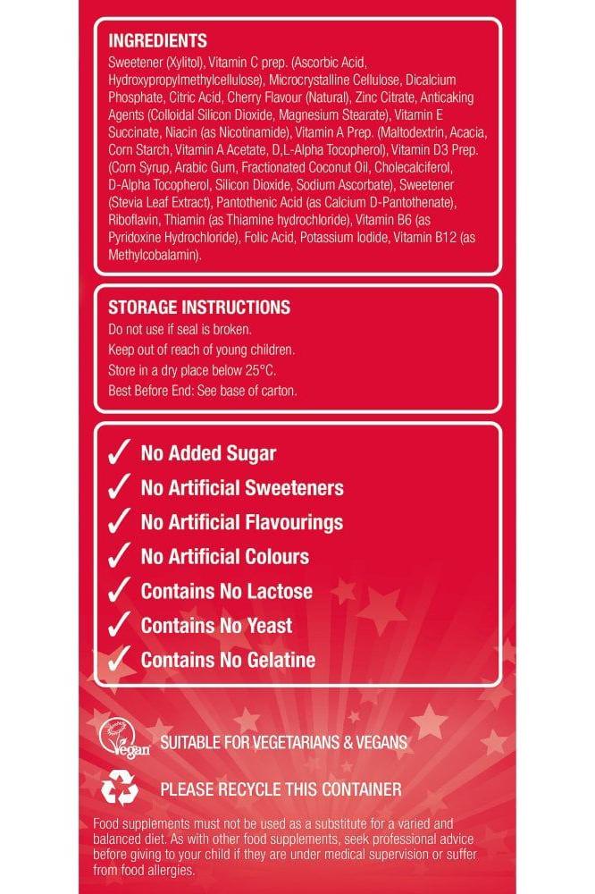 Ingredients and storage instructions for Natures Aid Super Stars Multivitamin chewable tablets with no added sugar.