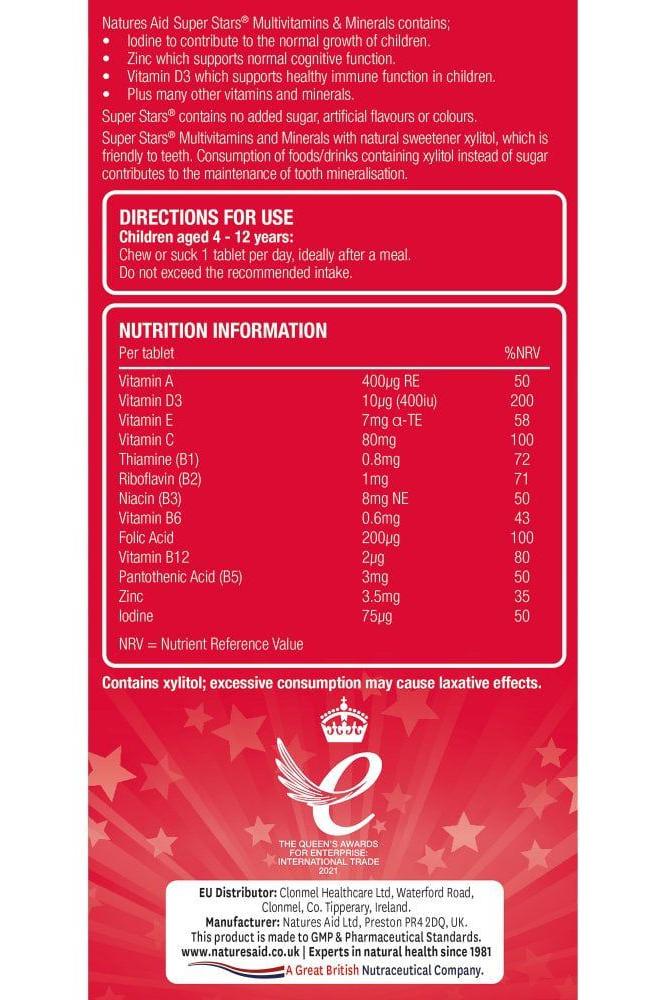 Nutrition information and usage directions for Natures Aid Super Stars Multivitamin chewable tablets.
