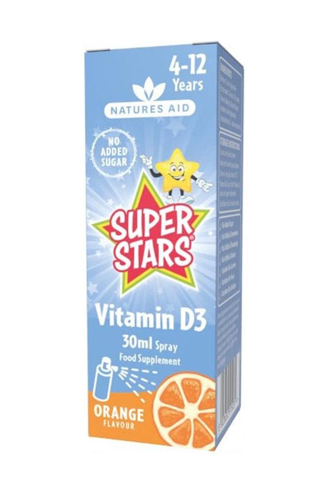 Natures Aid Super Stars Vitamin D3 Spray 30ml in orange flavor for children aged 4-12, no added sugar.