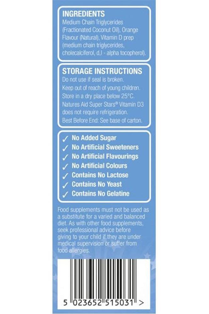 Ingredients and storage instructions for Natures Aid Super Stars Vitamin D3 Spray, highlighting no added sugar and dietary information.