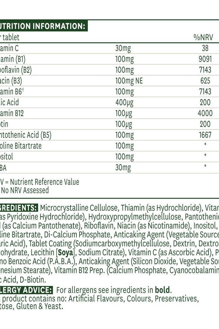 Natures Aid Vitamin B Complex 100 nutrition information and ingredient details for 60 tablets.