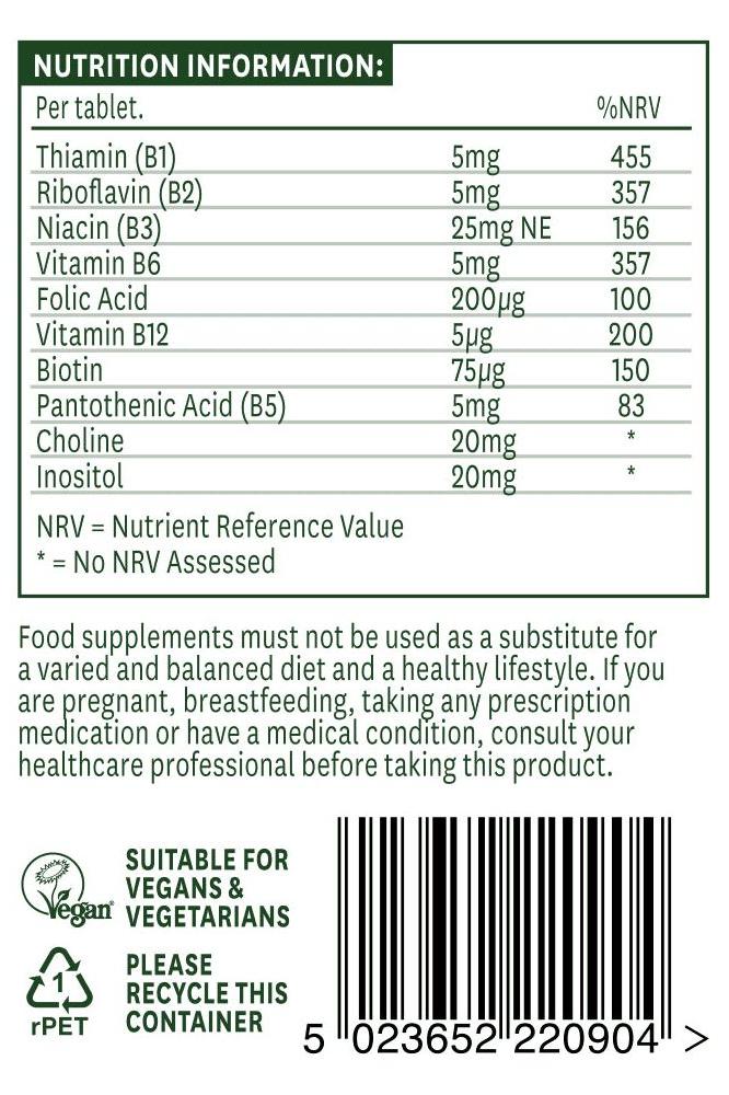 Nutritional information for Natures Aid Vitamin B Complex tablets, showcasing B vitamin content and dietary advice.