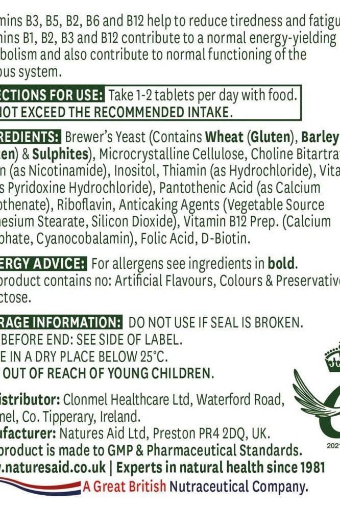 Natures Aid Vitamin B Complex supplement label detailing ingredients and usage instructions.