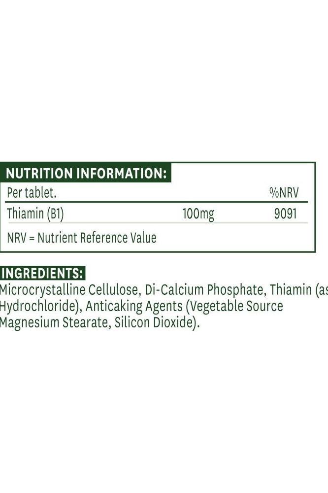 Nutrition information for Natures Aid Vitamin B1 100 mg tablets, detailing ingredients and nutrient values.
