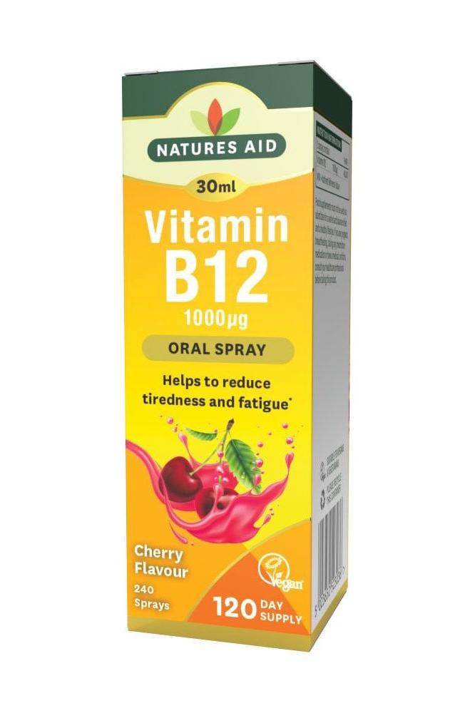 Natures Aid Vitamin B12 Daily Oral Spray in Cherry flavor, 30ml, helps reduce tiredness and fatigue.