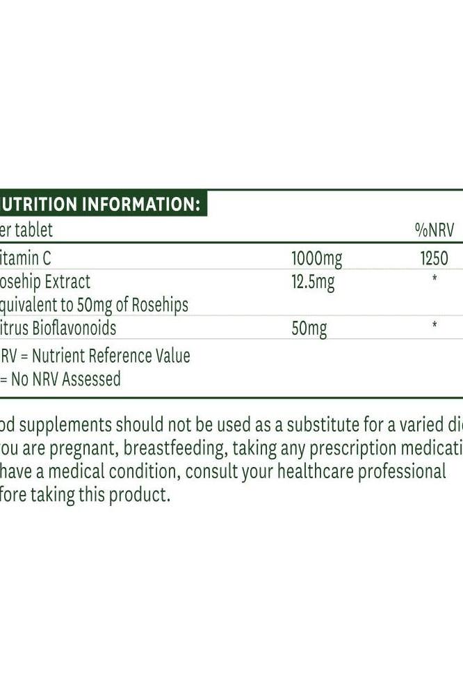 Nutrition facts panel for Natures Aid Vitamin C 1000 mg, detailing ingredients and nutrient values.