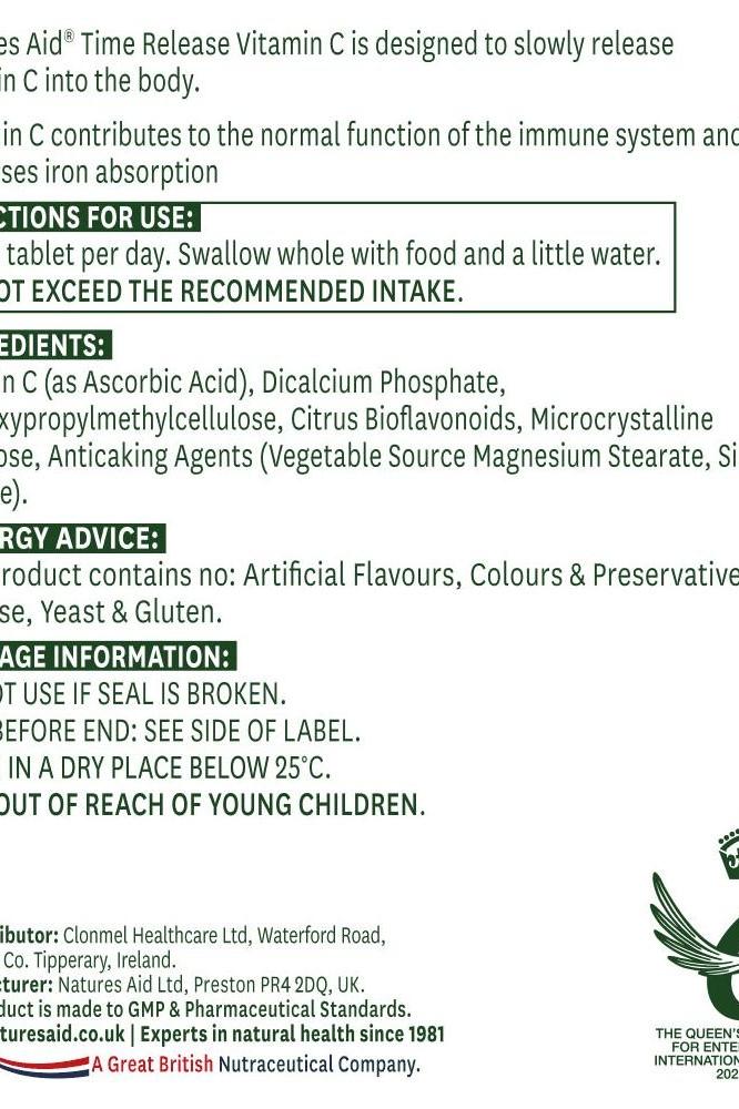 Natures Aid Vitamin C 1000mg time release tablets information label with instructions and ingredients.