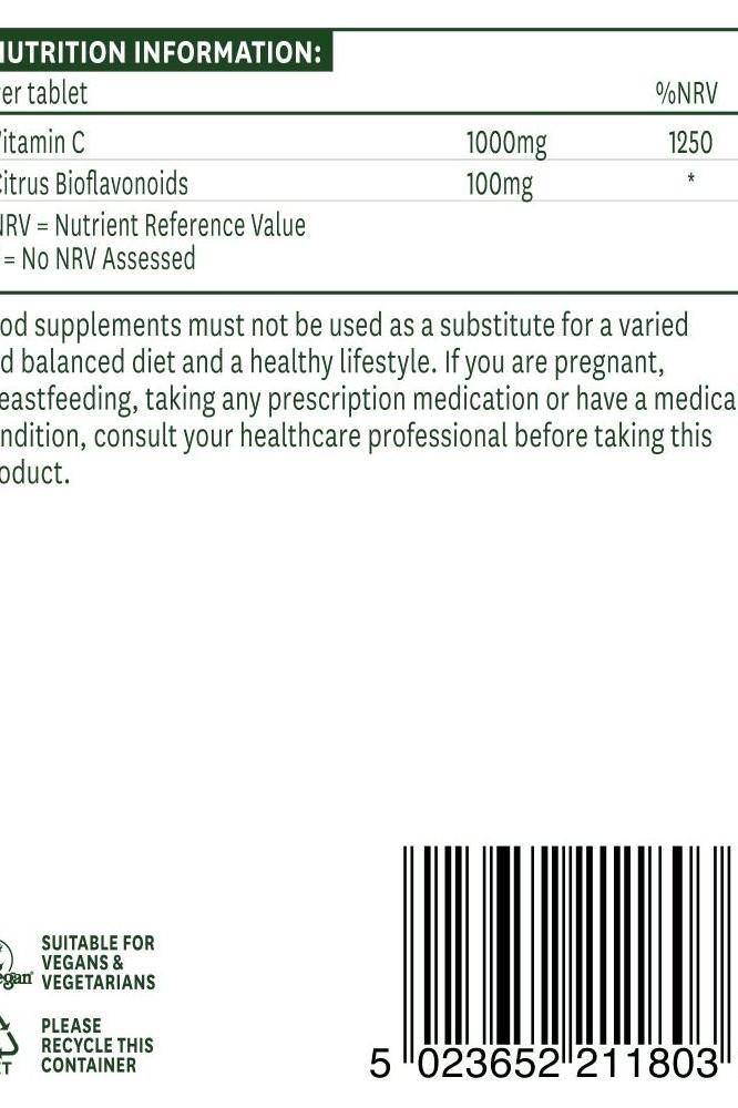 Natures Aid Vitamin C 1000mg time release tablets nutrition information label and guidelines.
