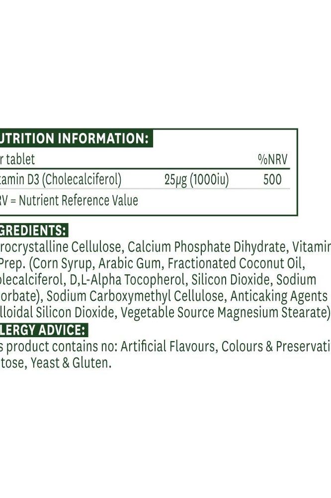 Nutrition information and ingredients for Natures Aid Vitamin D3 1000 IU vegan tablets.