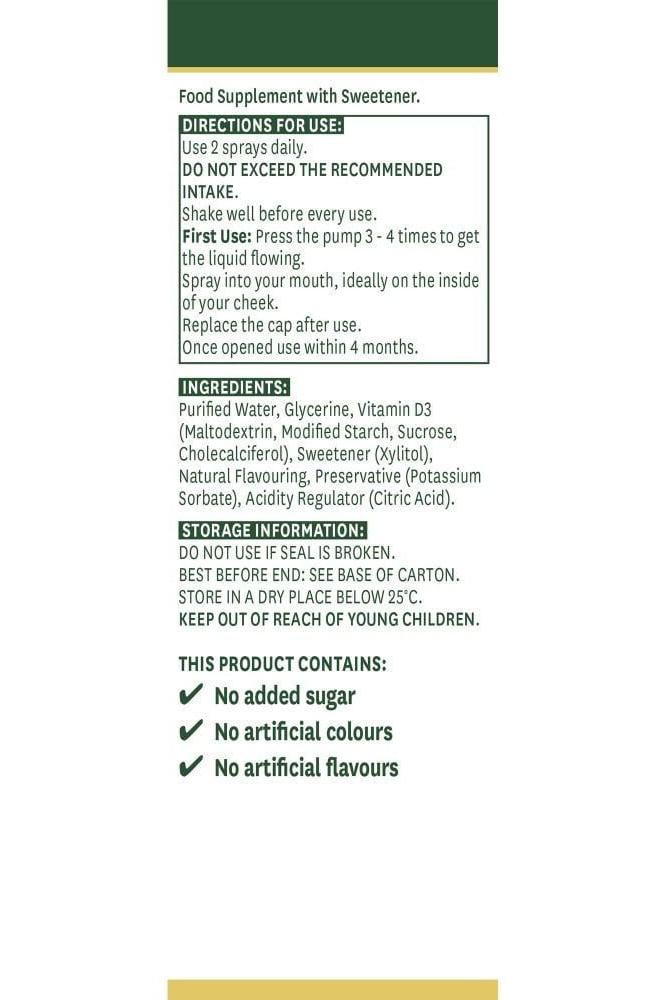 Natures Aid Vitamin D3 oral spray usage directions and ingredient list on product label.
