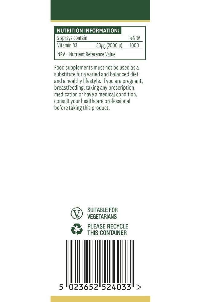 Natures Aid Vitamin D3 Oral Spray nutrition label detailing Vitamin D content and usage instructions.