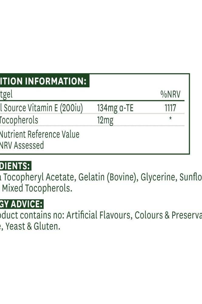 Nutrition information for Natures Aid Vitamin E 200 IU softgels, including ingredients and %NRV.