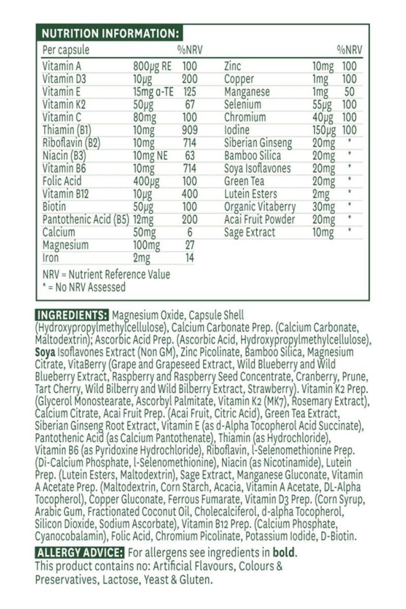 Nutrition information and ingredients for Natures Aid Women's 50+ Multi-Vitamins & Minerals capsules.