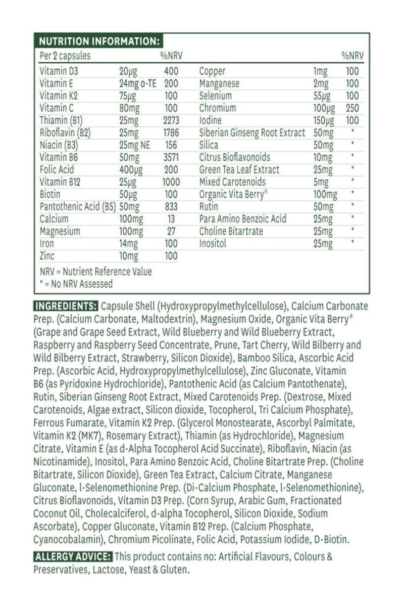 Nutrition facts and ingredients list for Natures Aid Women's Multi-Vitamins & Minerals, including vitamins and minerals data.