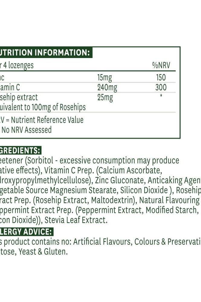 Natures Aid Zinc + C Lozenge nutrition label, highlighting ingredients and nutrient values.