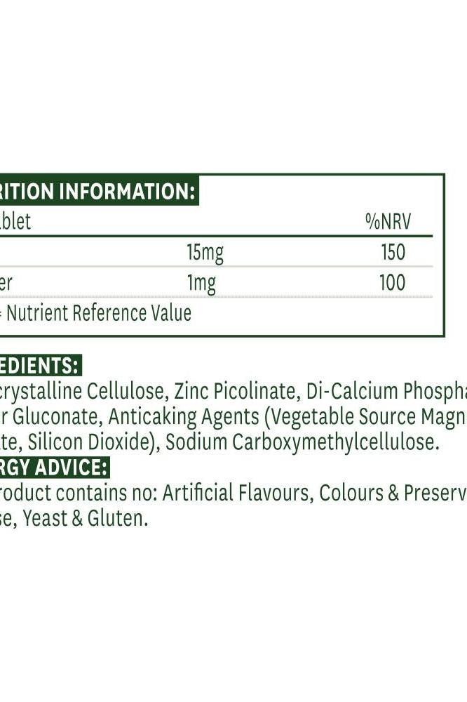 Nutrition facts for Natures Aid Zinc Picolinate 15 mg tablets, including ingredients and nutrient values.