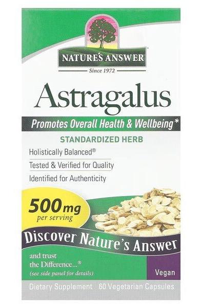 Nature's Answer Astragalus Root supplement box promoting overall health and wellbeing, with vegan capsules and quality assurance.