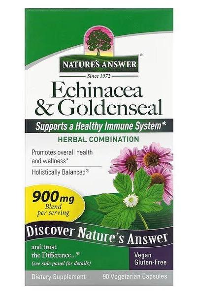 Nature's Answer Echinacea & Goldenseal supplement box supporting a healthy immune system, 90 vegetarian capsules.
