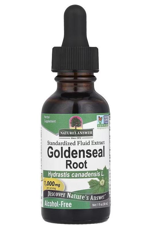Nature's Answer Goldenseal Root extract bottle, 1000 mg, alcohol-free supplement for immune support.