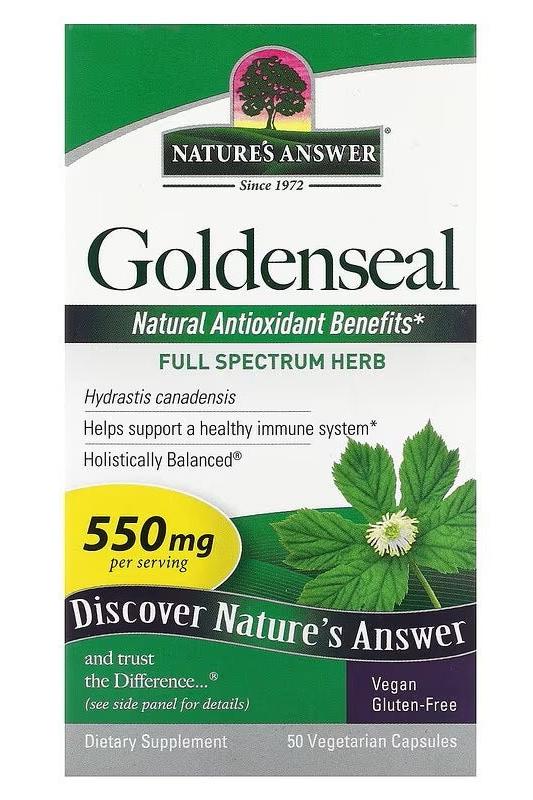 Nature's Answer Goldenseal Root supplement packaging, promoting immune support and natural antioxidant benefits.