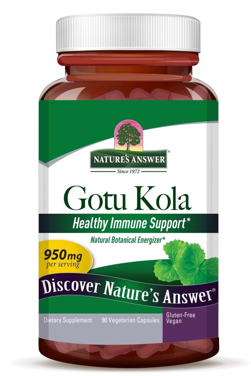Nature's Answer Gotu Kola bottle, 950mg, supports immune health and mental clarity, gluten-free vegetarian supplement.