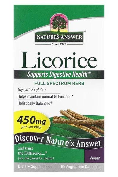 Nature's Answer Licorice Root supplement box supporting digestive health, featuring 90 vegetarian capsules and 450mg per serving.