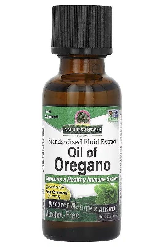Nature's Answer Oil of Oregano bottle, supports healthy immune system and digestive health, alcohol-free herbal supplement.