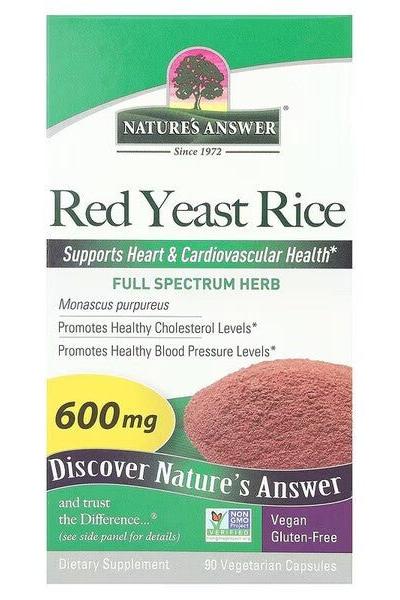 Nature's Answer Red Yeast Rice supplement box, supports heart health, promotes healthy cholesterol and blood pressure, vegan and gluten-free.