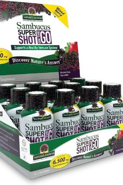 Nature's Answer Sambucus Super Shot display box with 12 immune support drinks, each 60 ml.