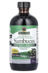 Nature's Answer Sambucus black elderberry concentrate supports immune health, natural ingredients, gluten-free, 8 oz bottle.