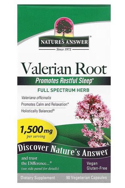 Nature's Answer Valerian Root supplement box promoting relaxation and restful sleep, featuring vegan and gluten-free label.
