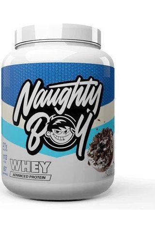 Naughty Boy Advanced Whey protein powder container, 22g protein per serving, low fat, great taste.