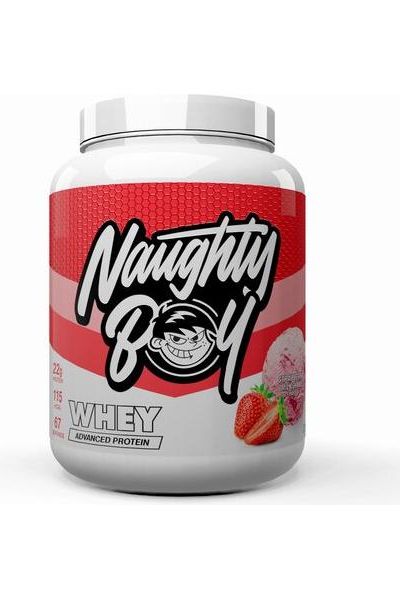 Naughty Boy Advanced Whey protein powder container with strawberries, showcasing 22g protein for muscle growth.