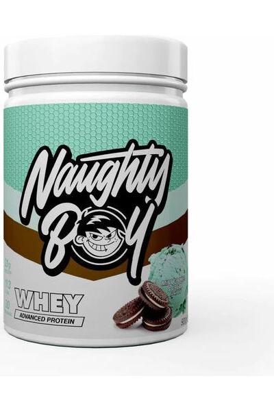 Naughty Boy Advanced Whey protein powder container with mint green design and cookies, ideal for muscle growth and recovery.