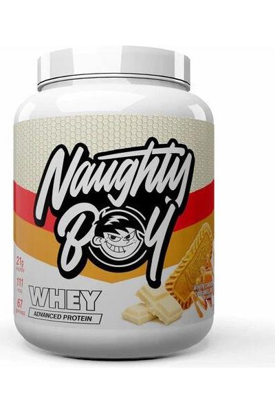 Naughty Boy Advanced Whey protein jar featuring delicious flavor and high protein content for muscle growth.