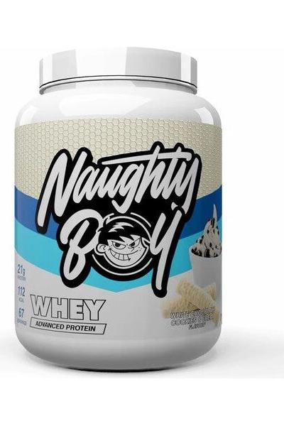Naughty Boy Advanced Whey protein powder container showcasing 22g protein per serving and great flavor.