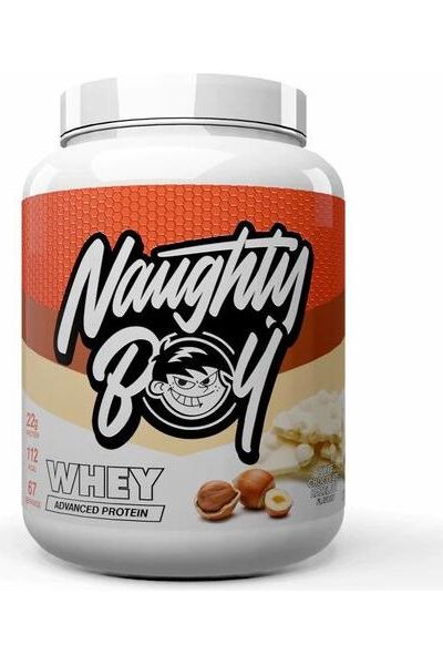 Naughty Boy Advanced Whey protein powder container featuring 22g protein per serving, low calories, and great taste.