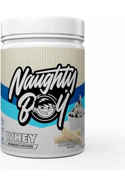 Naughty Boy Advanced Whey protein jar with unique design, featuring high protein and low calories for muscle growth.