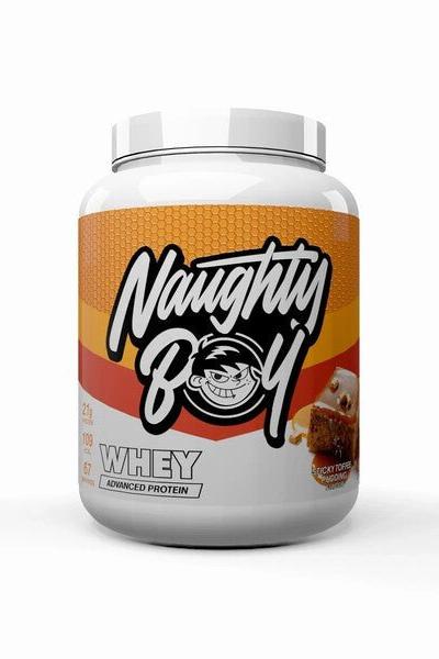 Naughty Boy Advanced Whey protein tub with 22g protein per serving, low calories, and great taste.